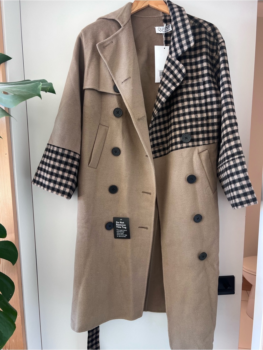 Checked Sleeve Camel Double-Breasted Wool-Blend Coat